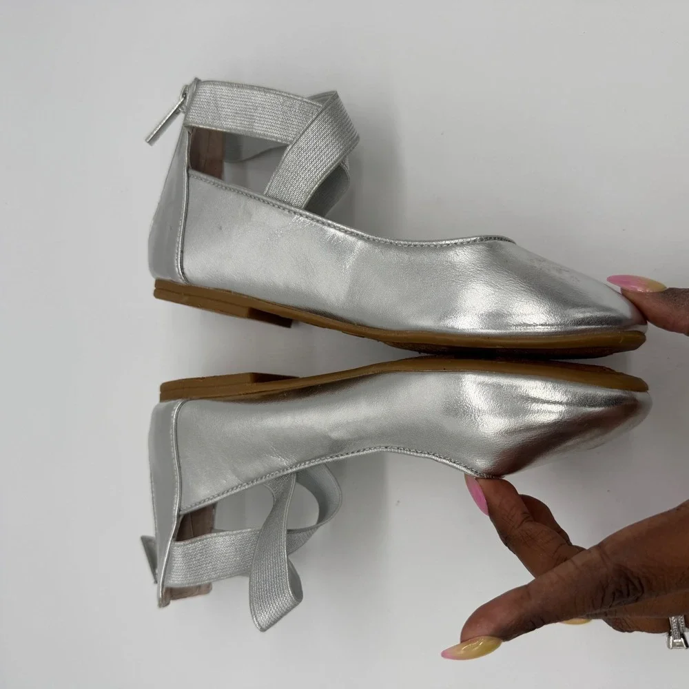 Nina Kids Silver Metallic Ballet‎ Flats Elastic Ankle Straps Size 1M C205737
